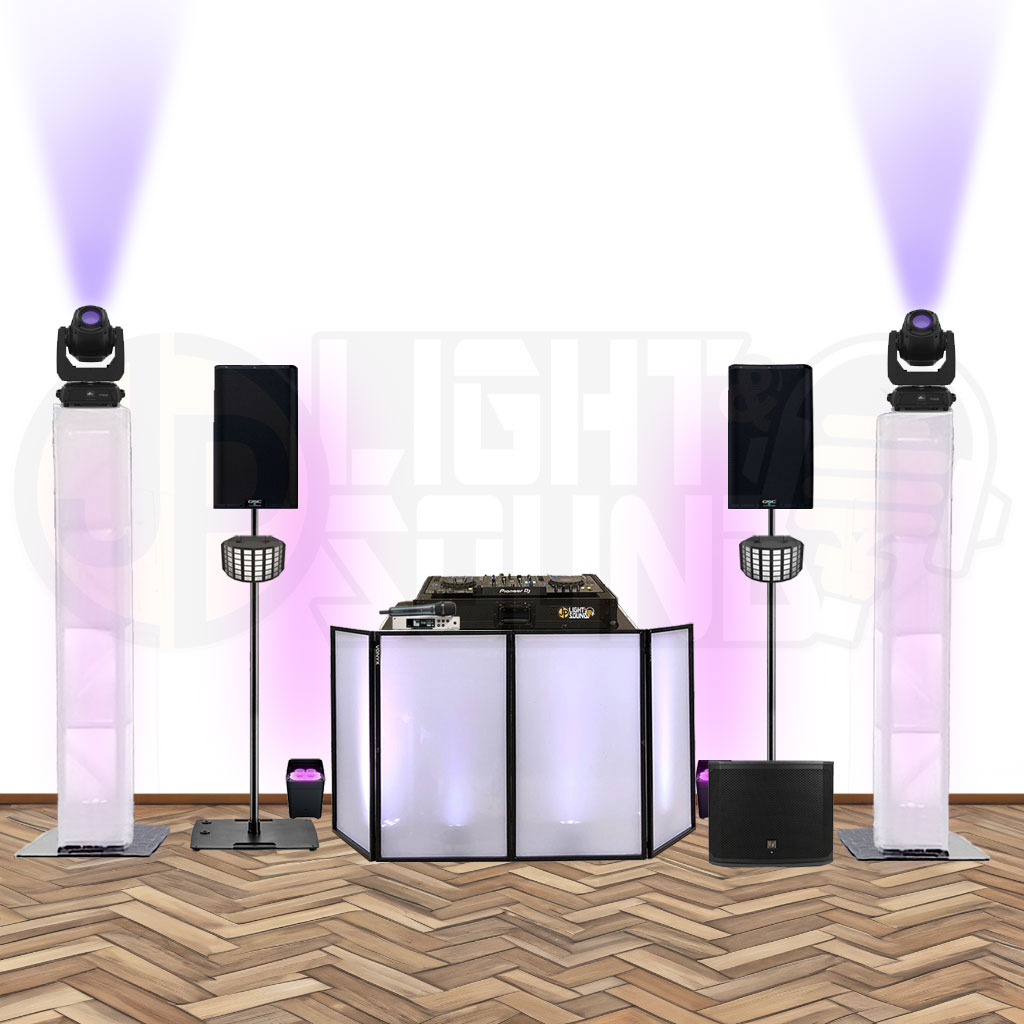 Full DJ rig with Pioneer mixer, subs and beam lights