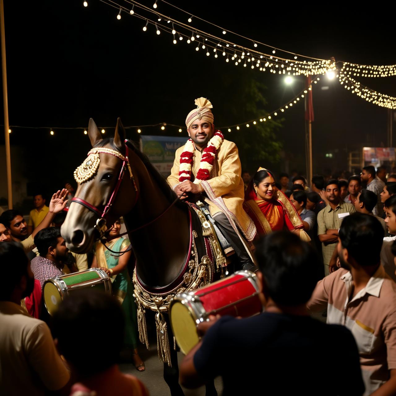 Indian wedding baraat procession with groom on decorated horse and dhol drums