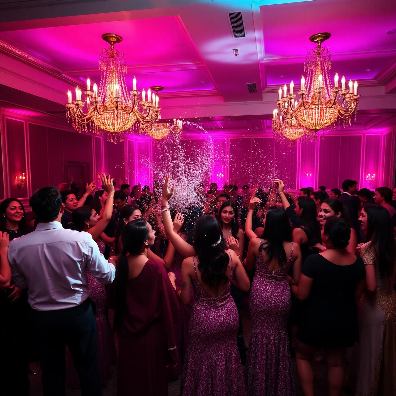 Bollywood themed dance floor under crystal chandeliers