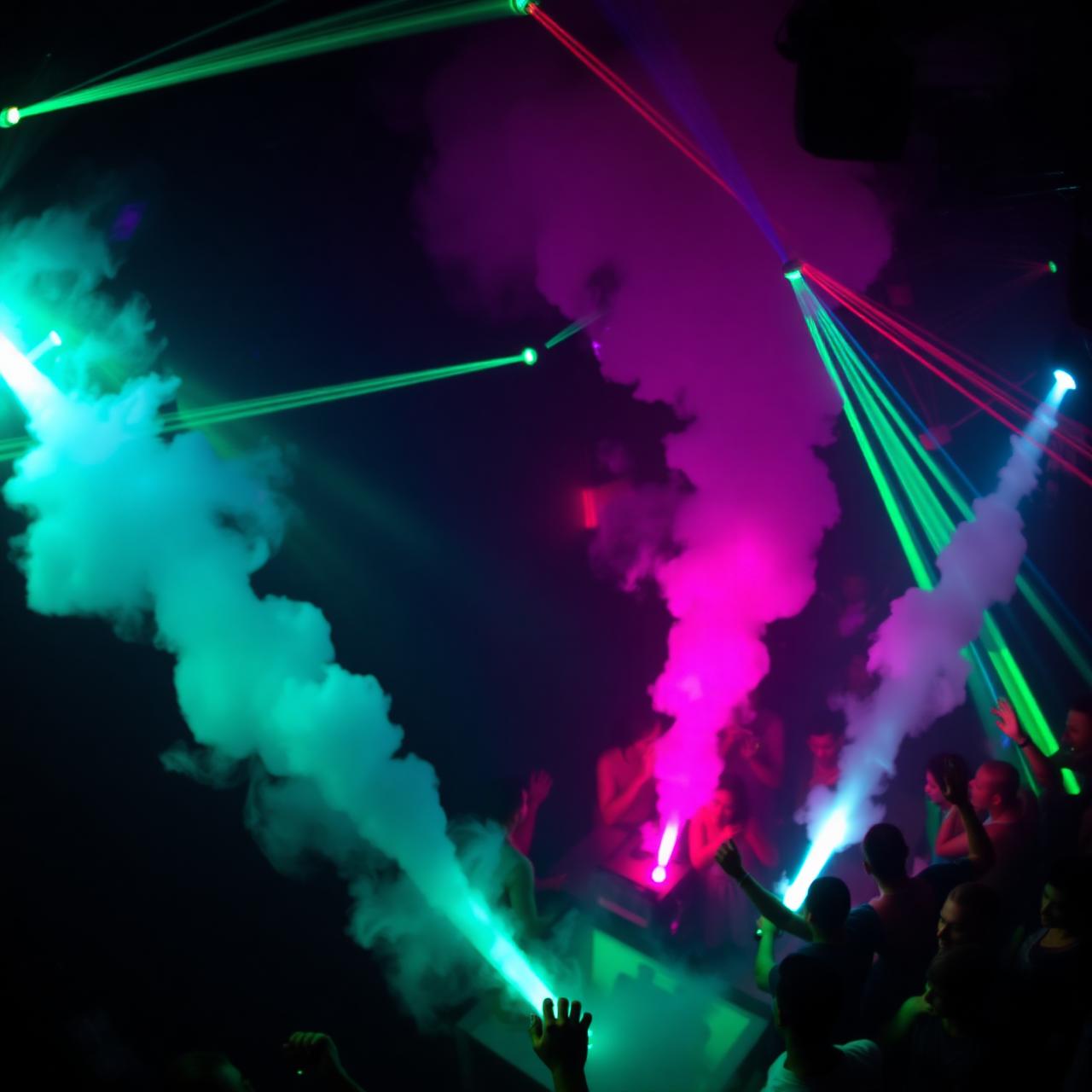 CO2 jets and laser lights over a packed club dance floor