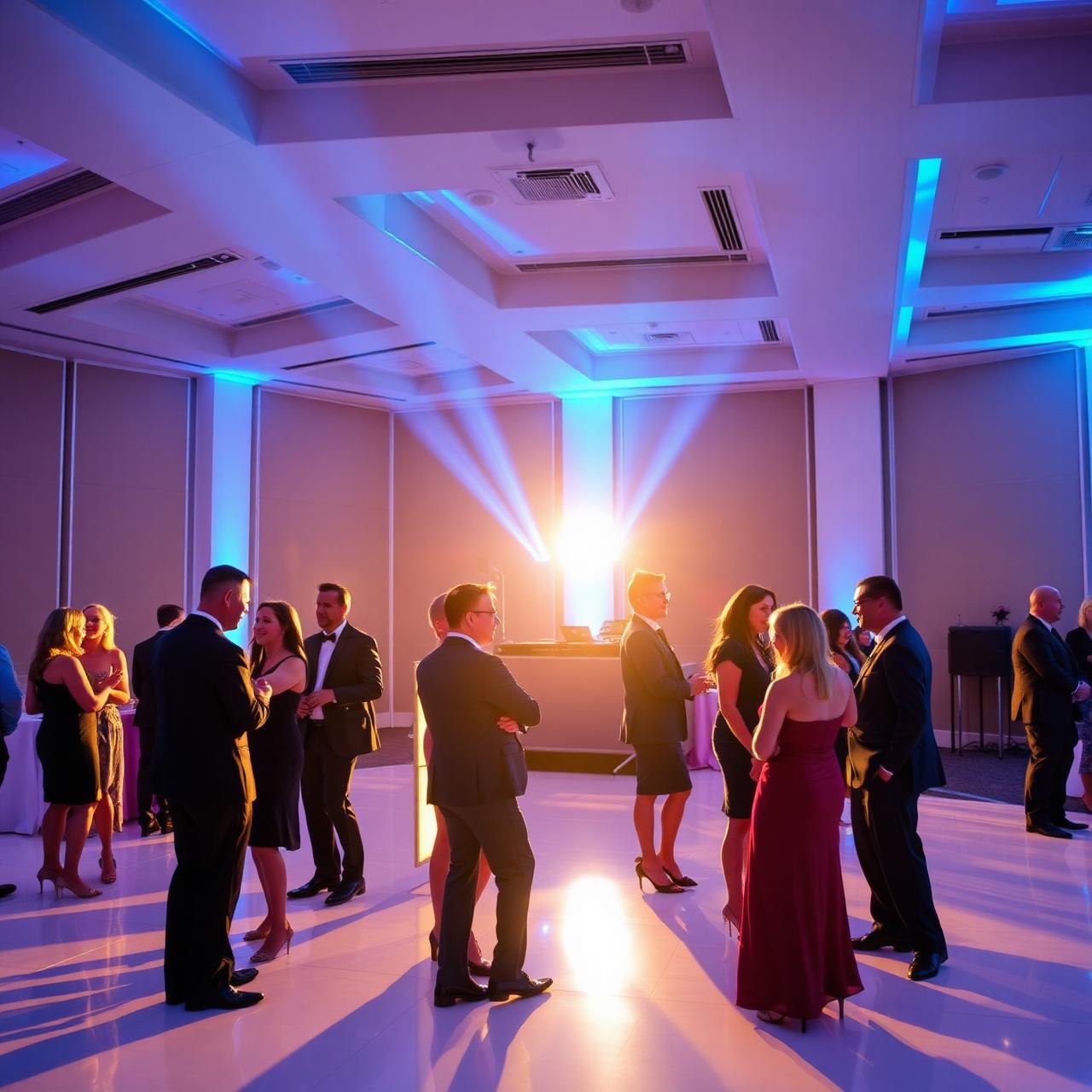 Corporate gala dance floor with cool blue uplighting
