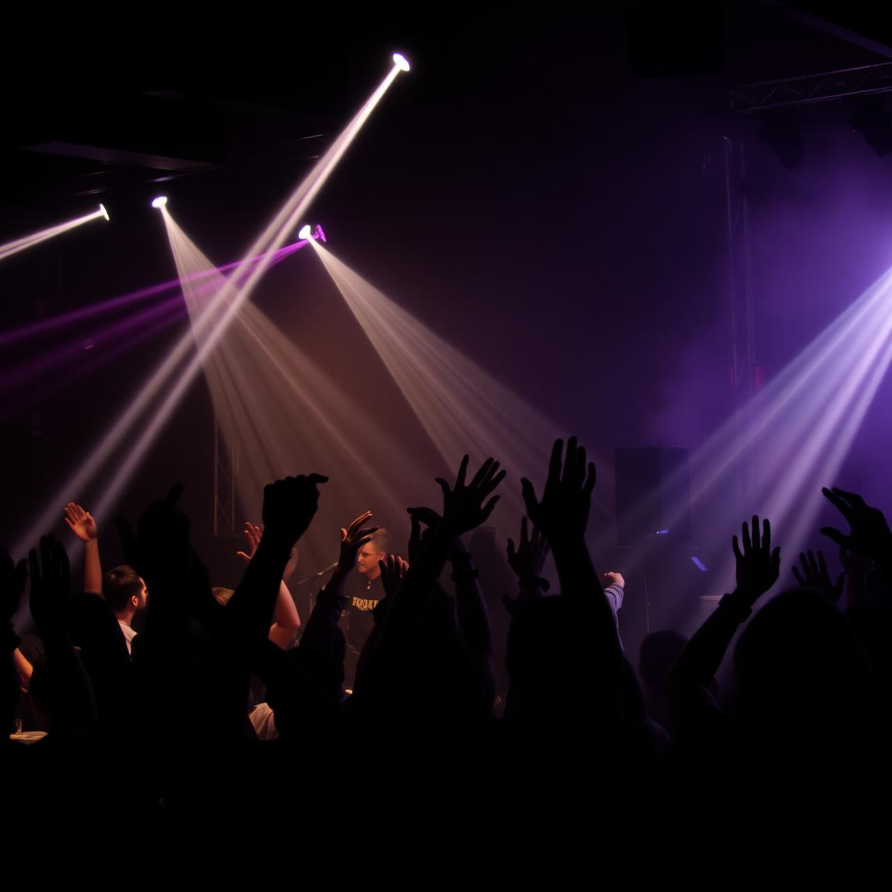 Packed dance floor with laser lights and silhouettes