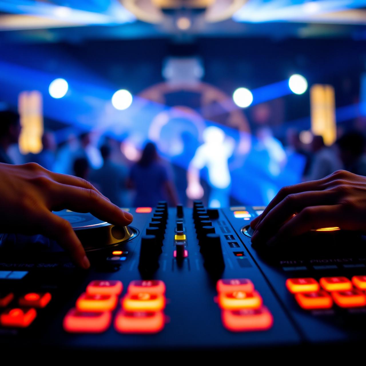 Close-up of DJ controller and mixer at a live event