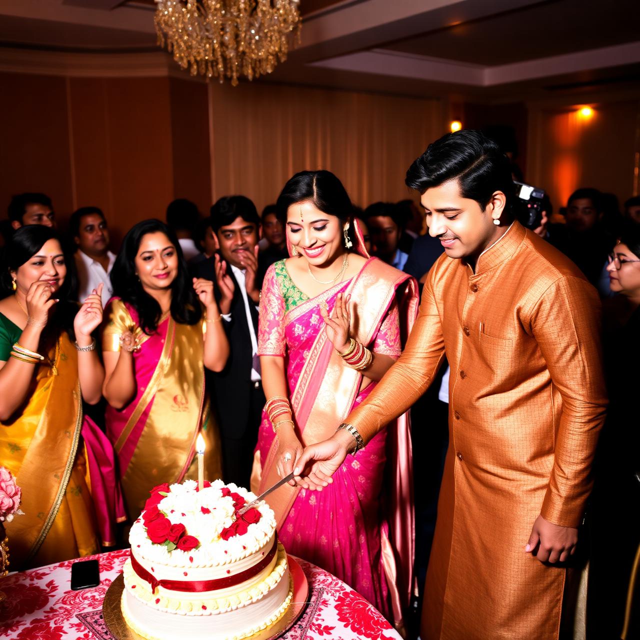 Indian engagement party cake cutting with family cheering
