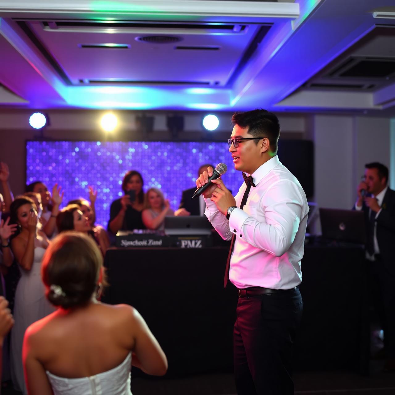 Bilingual MC on stage hyping up the wedding crowd