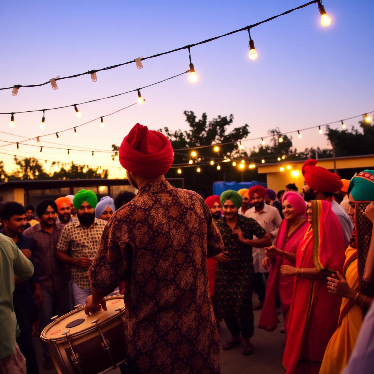 Outdoor Punjabi summer party with dhol player and string lights at golden hour