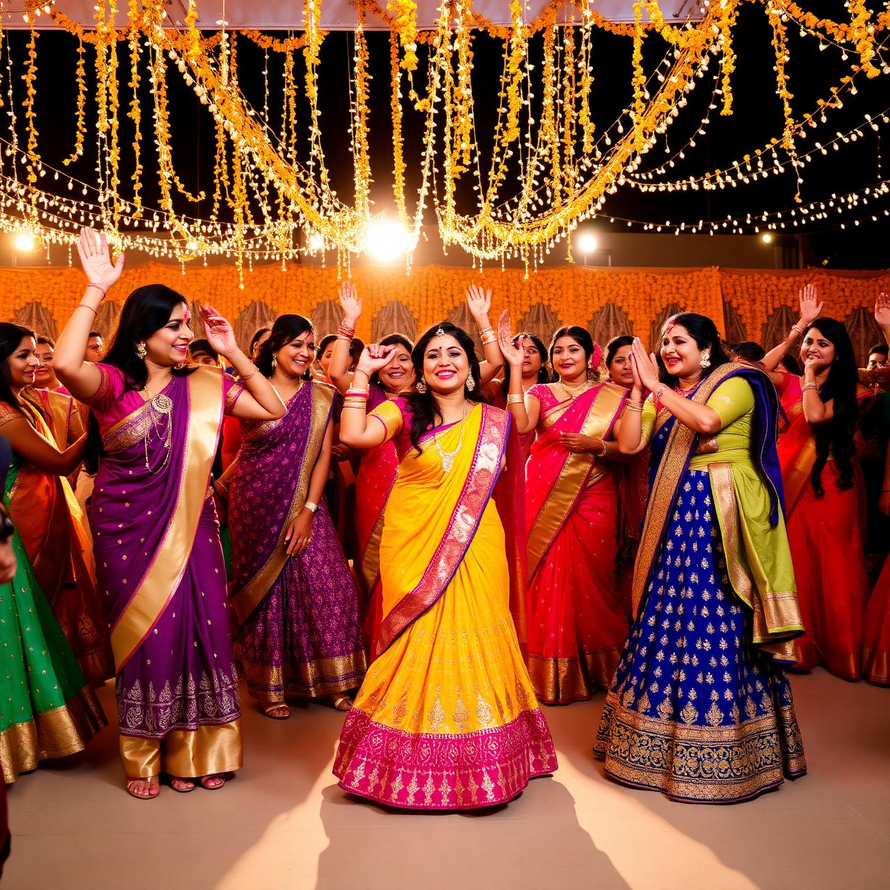 Sangeet ceremony with women dancing in colorful lehengas