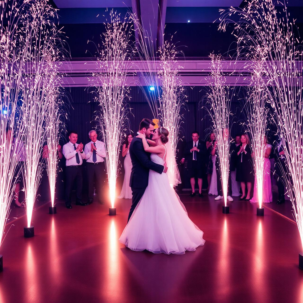 Cold spark fountains around bride and groom during first dance