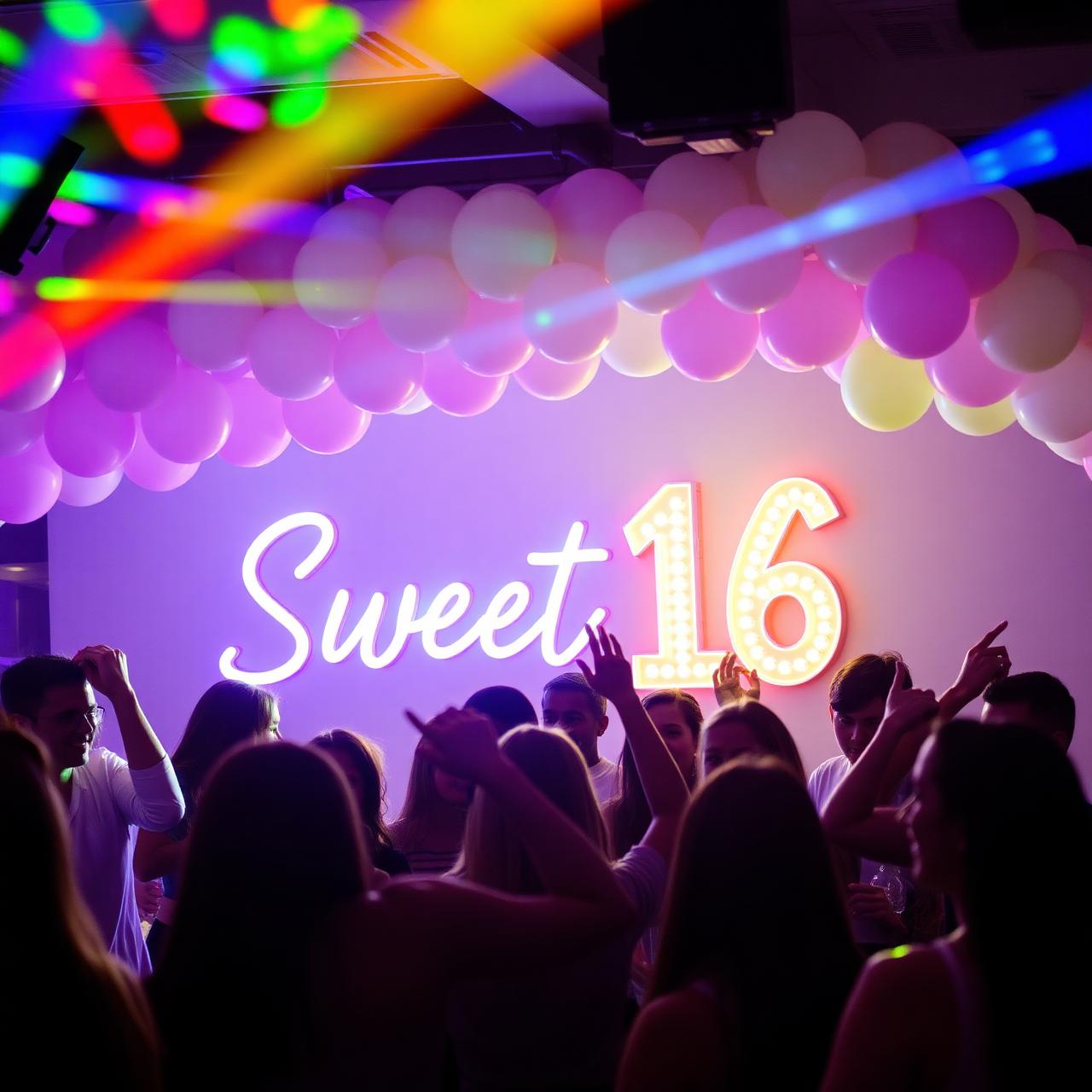 Sweet 16 birthday party with neon sign, balloon arch and disco lights