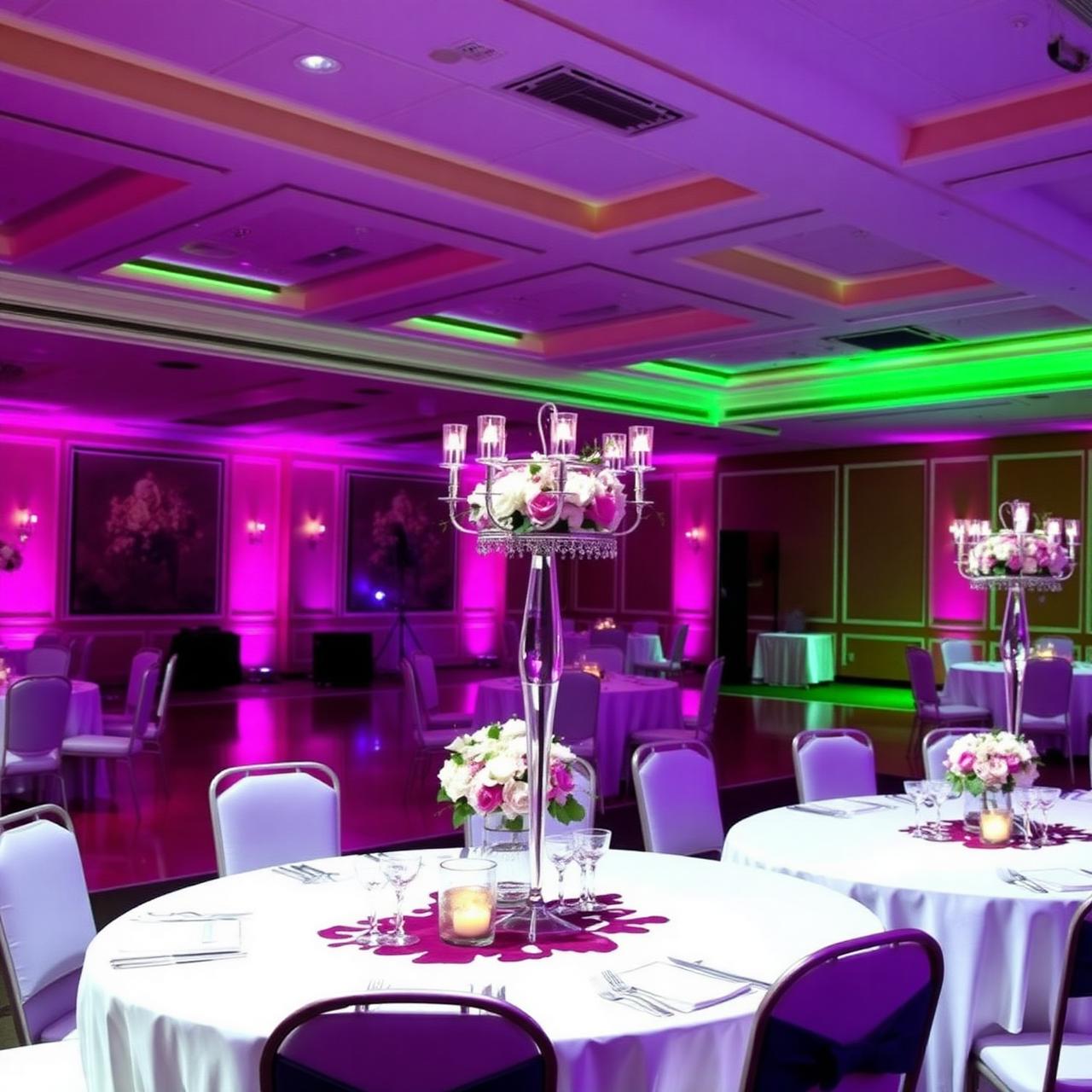 Luxury wedding reception with purple and magenta uplighting