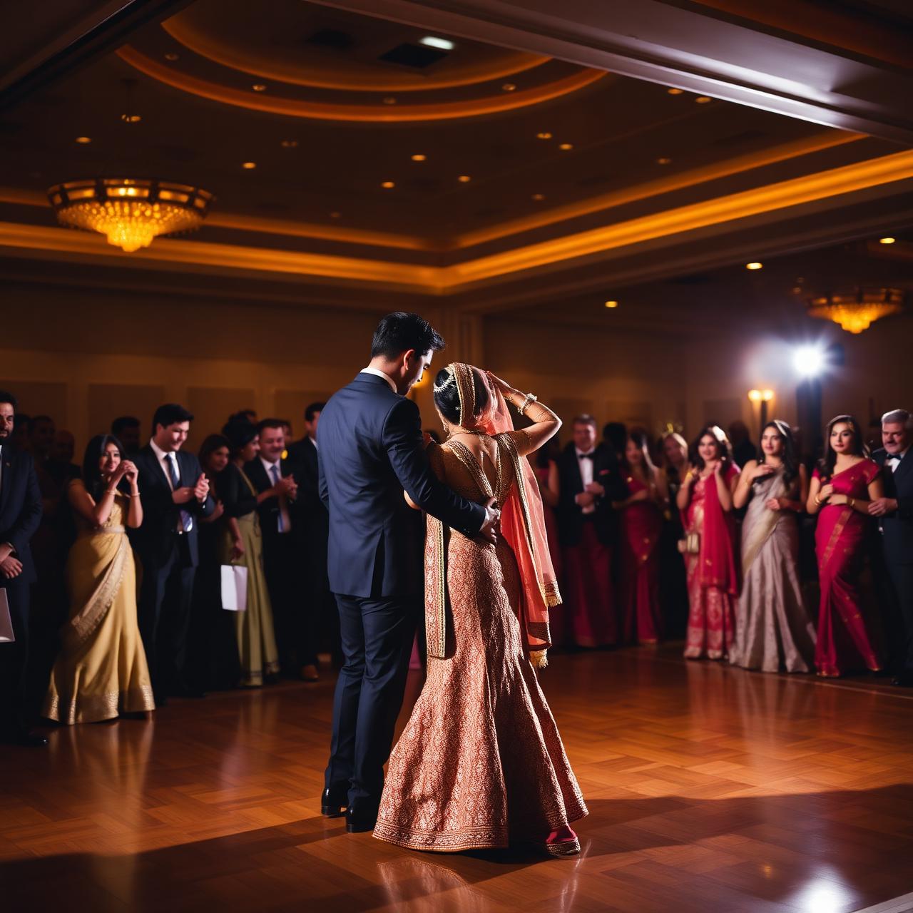 Bride and groom first dance at a luxury Indian wedding reception